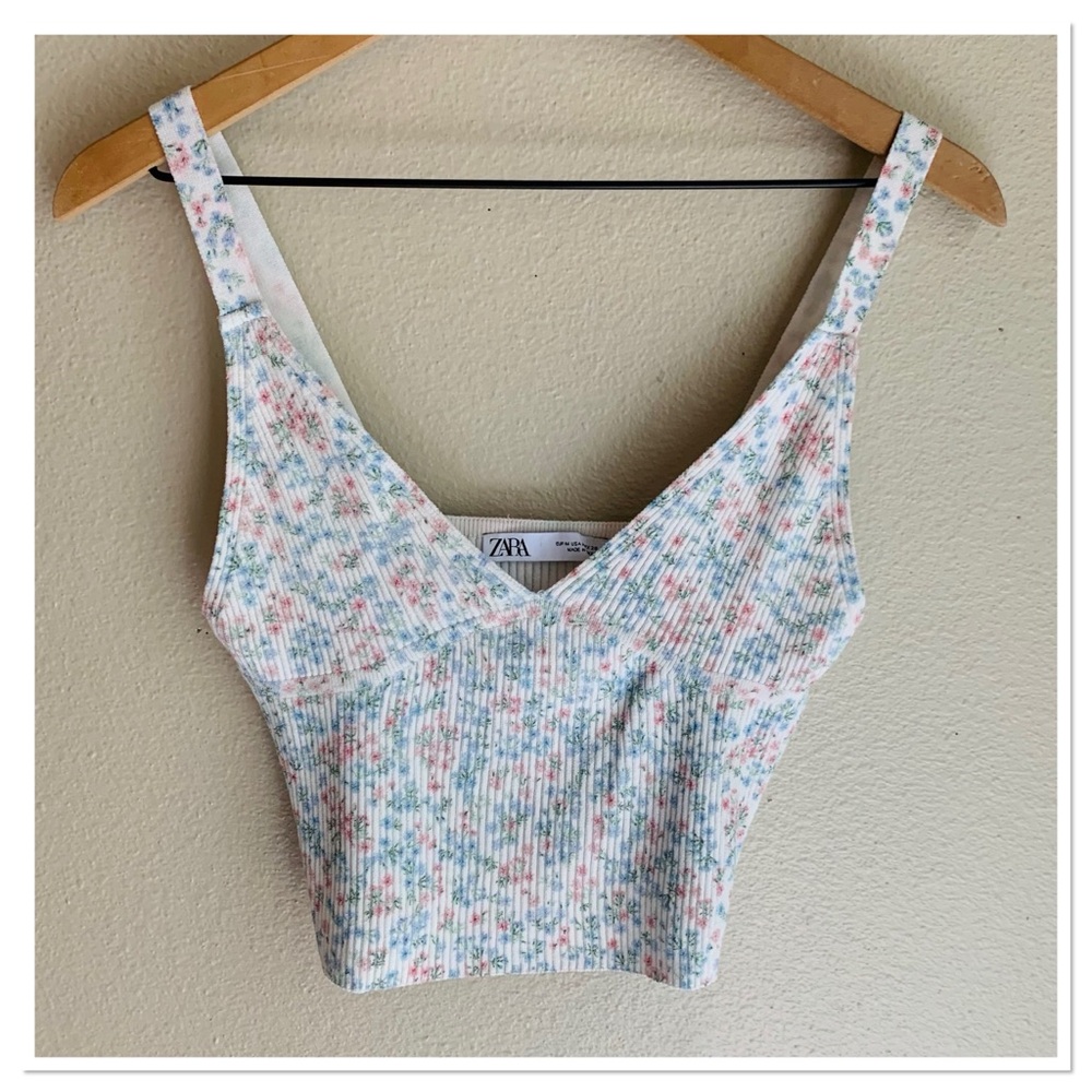 Zara Ribbed Knit Floral Cropped Camisole Top White Multicolor Size Medium